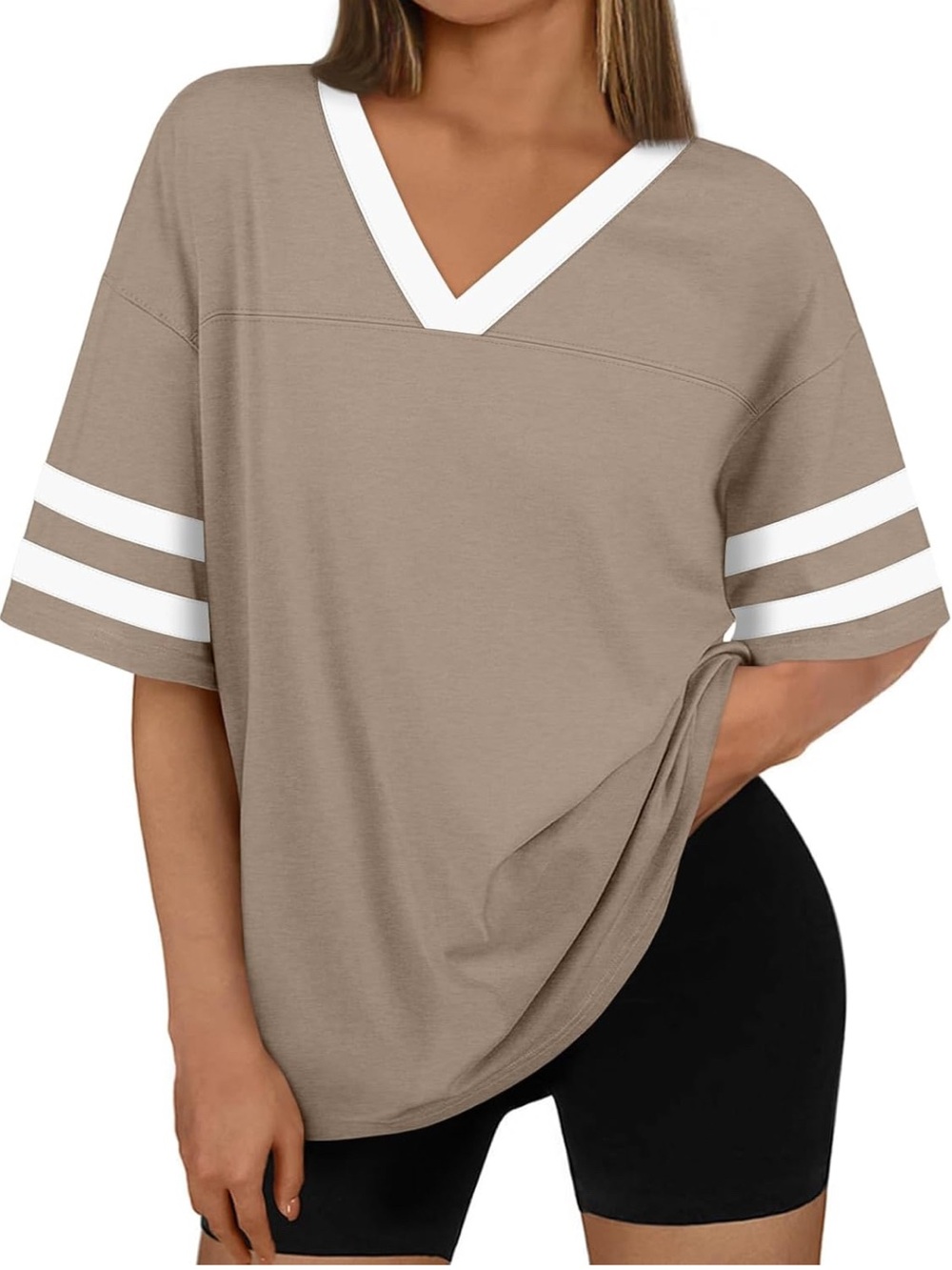 NWOT Oversized V-Neck Short Sleeve Tee with White Trim in Khaki